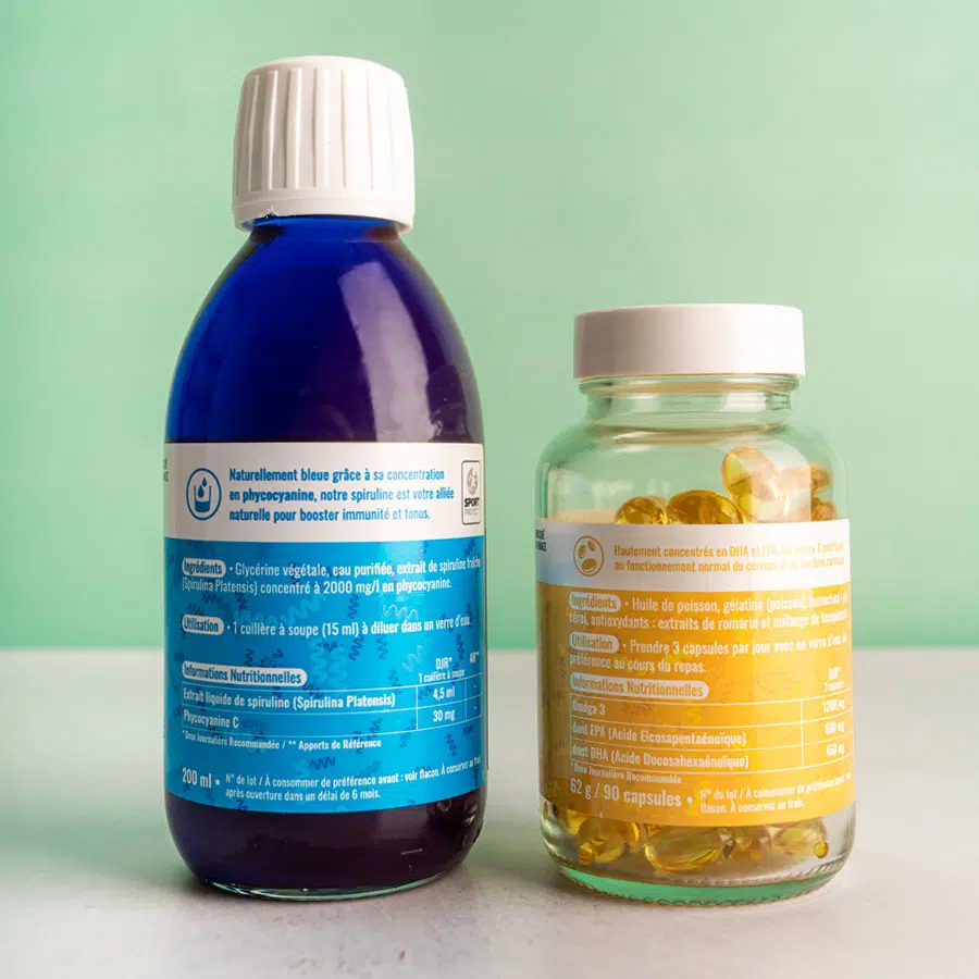pack concentration spiruline bleue phycocyanine et omega3 performe verre de phycocyanine vue de dos